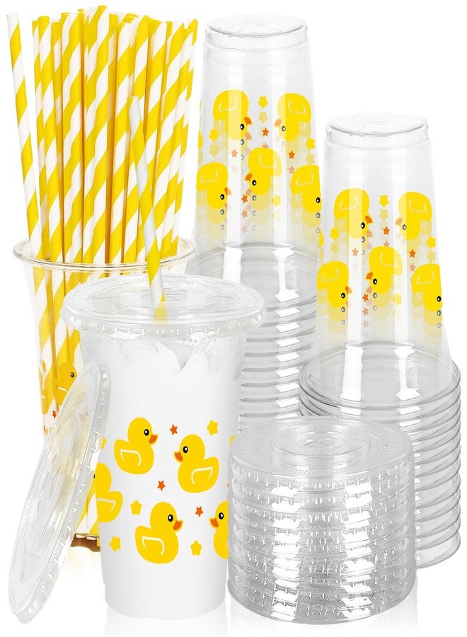 JarThenaAMCS 50Pcs Summer Rubber Duck Plastic Cups with Lids and Straws Cute Duck Clear Plastic Cups 12oz Yellow Disposable Cup for Birthday Baby Shower Party Supplies - Image 1
